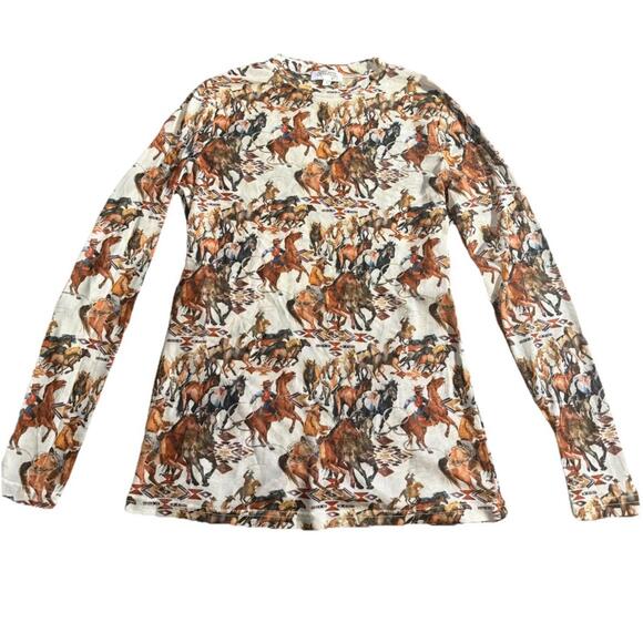 Tops - Janz Brand Women’s Small Western Style Mesh Top Horsing Around Cowboy Print